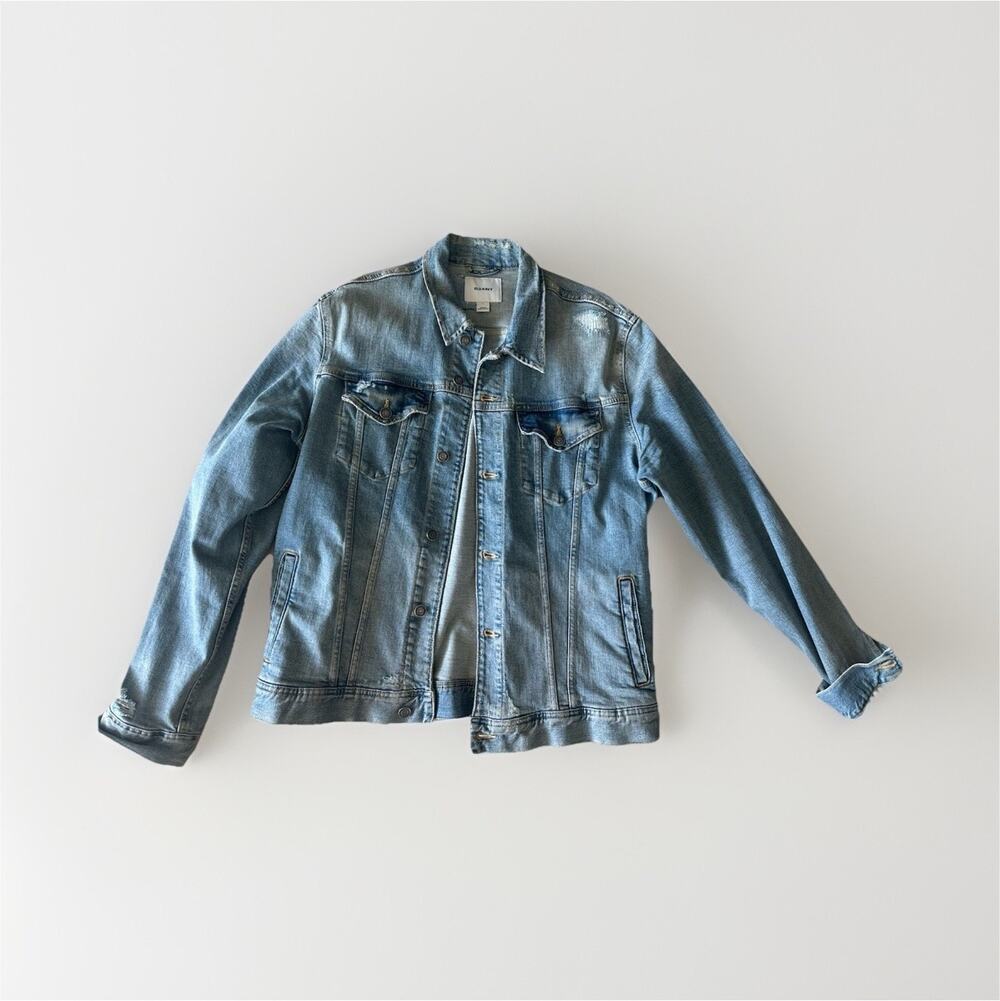 Old Navy Mens Large Distressed Denim Jacket Light Wash Stretch Trucker Jean